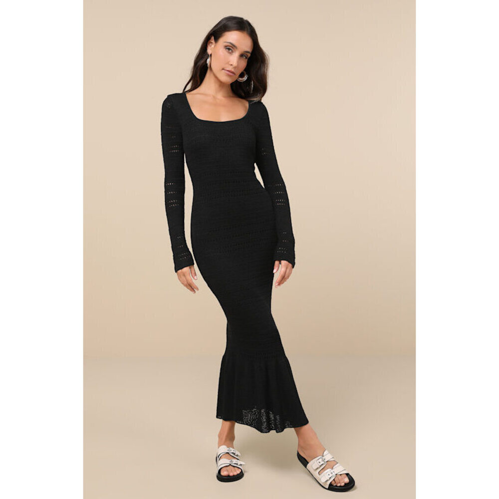 Lulus Sunset Moments Black Crochet Long Sleeve Trumpet Midi Dress - Size XS - Picture 1 of 1